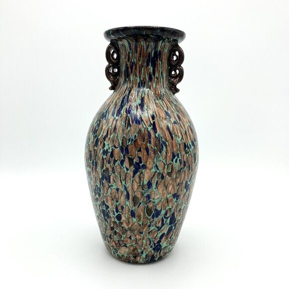 Vintage Murano Art Glass Vase Aventurine Teal Gold Fleck Mid Century Art Nouveau - Picture 1 of 8